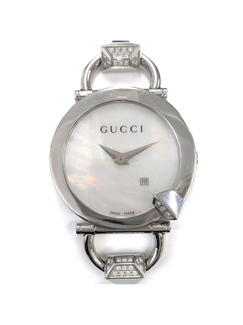 Gucci Watch Chiodo 122.5 Horsebit Date Guilloche White Mother of Pearl Dial